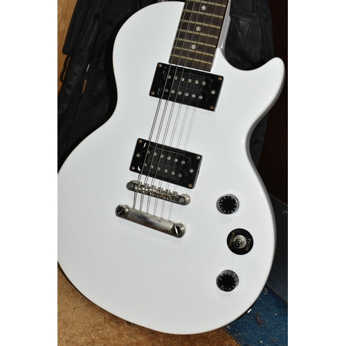 408 - A CASED EPIPHONE SPECIAL MODEL 2 LES PAUL STYLE ELECTRIC GUITAR, with white finish and bolt on neck,... 