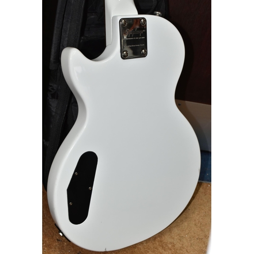 408 - A CASED EPIPHONE SPECIAL MODEL 2 LES PAUL STYLE ELECTRIC GUITAR, with white finish and bolt on neck,... 