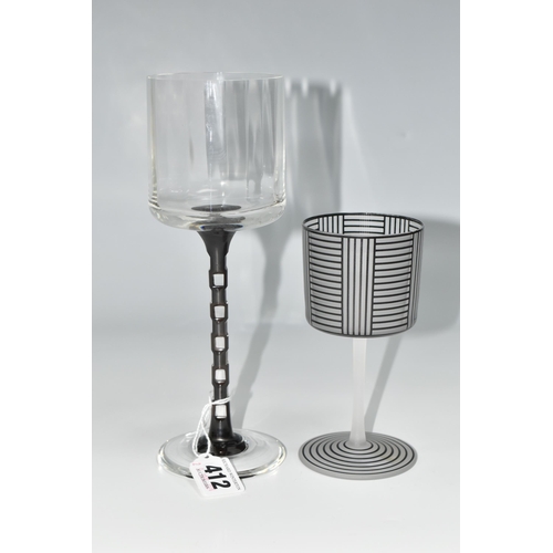 412 - TWO WINE GLASSES, one with a brown overlaid cut stem in the manner of Otto Prutscher (1880-1949) for... 