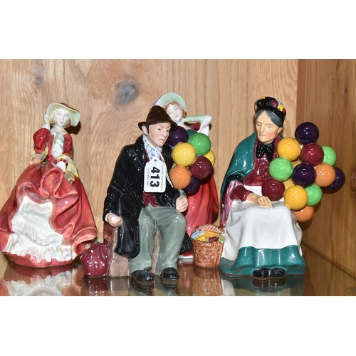 413 - FOUR ROYAL DOULTON FIGURINES, comprising The Balloon Man HN1954 (broken and glued around neck), The ... 