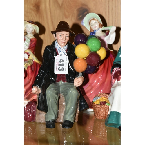 413 - FOUR ROYAL DOULTON FIGURINES, comprising The Balloon Man HN1954 (broken and glued around neck), The ... 