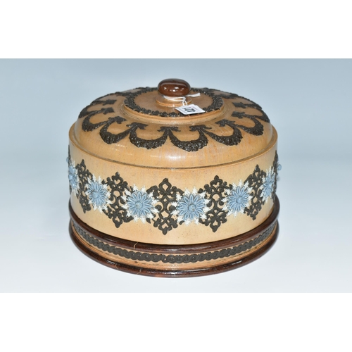 421 - A LATE NINETEENTH CENTURY DOULTON LAMBETH CHEESE DOME AND PLATE, the dome decorated with applied fol... 