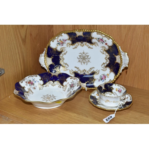 422 - TWO COALPORT DISHES, together with a cup and saucer, cobalt blue panels, Y2665 pattern inside cup, t... 