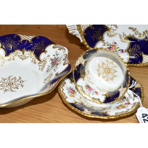 422 - TWO COALPORT DISHES, together with a cup and saucer, cobalt blue panels, Y2665 pattern inside cup, t... 