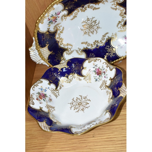 422 - TWO COALPORT DISHES, together with a cup and saucer, cobalt blue panels, Y2665 pattern inside cup, t... 