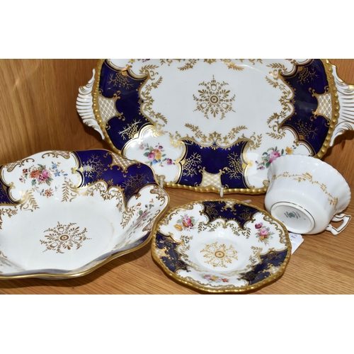 422 - TWO COALPORT DISHES, together with a cup and saucer, cobalt blue panels, Y2665 pattern inside cup, t... 