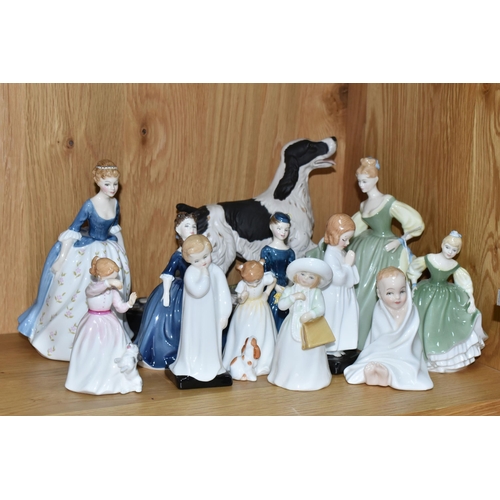 423 - A GROUP OF ROYAL DOULTON FIGURINES AND A DOG FIGURE, comprising Fair Lady HN2193, Fair Maiden HN2211... 