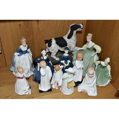 423 - A GROUP OF ROYAL DOULTON FIGURINES AND A DOG FIGURE, comprising Fair Lady HN2193, Fair Maiden HN2211... 