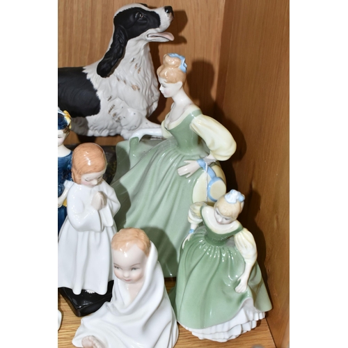 423 - A GROUP OF ROYAL DOULTON FIGURINES AND A DOG FIGURE, comprising Fair Lady HN2193, Fair Maiden HN2211... 