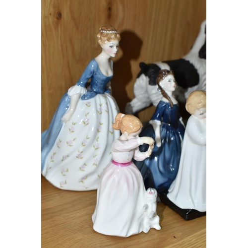 423 - A GROUP OF ROYAL DOULTON FIGURINES AND A DOG FIGURE, comprising Fair Lady HN2193, Fair Maiden HN2211... 