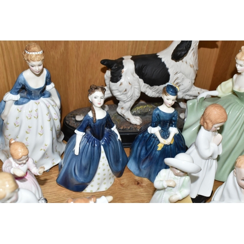 423 - A GROUP OF ROYAL DOULTON FIGURINES AND A DOG FIGURE, comprising Fair Lady HN2193, Fair Maiden HN2211... 