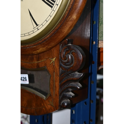 426 - AN ENGLISH DROP DIAL WALL CLOCK, 1920s with a fusee movement, original key and pendulum, the 30cm di... 