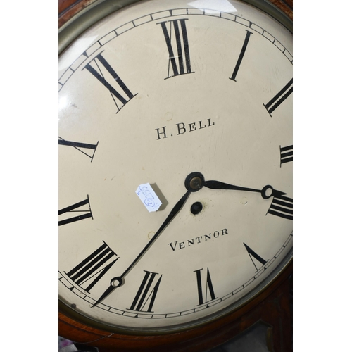 426 - AN ENGLISH DROP DIAL WALL CLOCK, 1920s with a fusee movement, original key and pendulum, the 30cm di... 