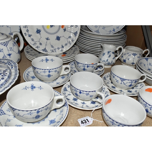 431 - A LARGE QUANTITY OF BLUE AND WHITE IRONSTONE DENMARK PATTERN DINNERWARE, comprising ten 'Franciscan'... 