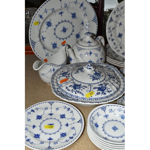 431 - A LARGE QUANTITY OF BLUE AND WHITE IRONSTONE DENMARK PATTERN DINNERWARE, comprising ten 'Franciscan'... 