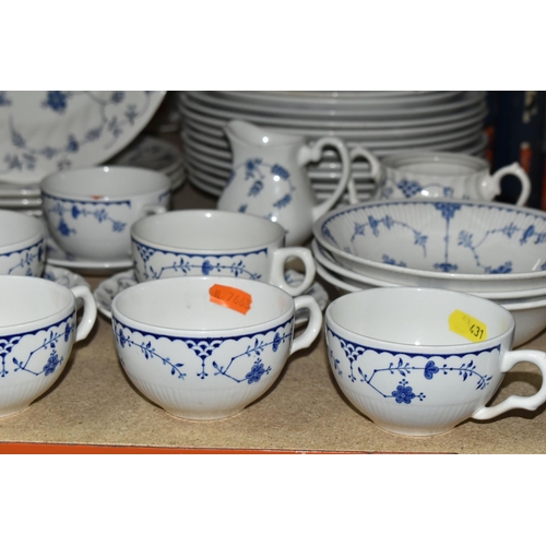 431 - A LARGE QUANTITY OF BLUE AND WHITE IRONSTONE DENMARK PATTERN DINNERWARE, comprising ten 'Franciscan'... 