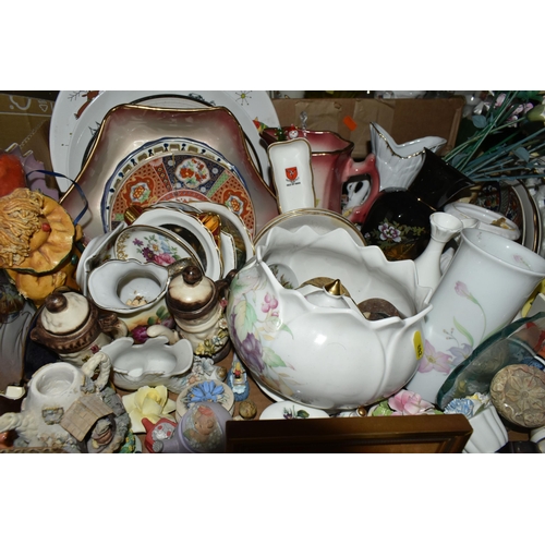 432 - EIGHT BOXES OF CERAMICS AND ORNAMENTS, to include four stone 'egg' ornaments, two vintage Hummel fig... 