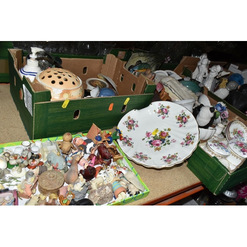 432 - EIGHT BOXES OF CERAMICS AND ORNAMENTS, to include four stone 'egg' ornaments, two vintage Hummel fig... 