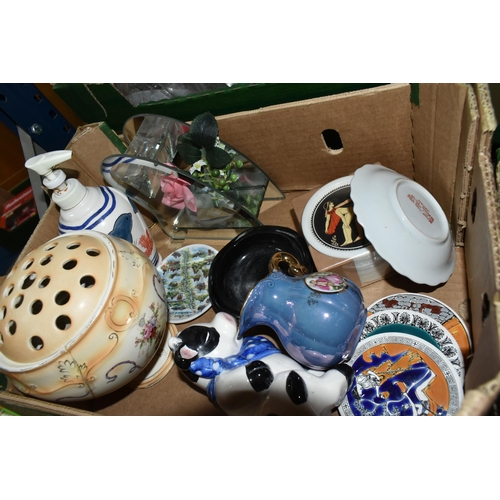 432 - EIGHT BOXES OF CERAMICS AND ORNAMENTS, to include four stone 'egg' ornaments, two vintage Hummel fig... 