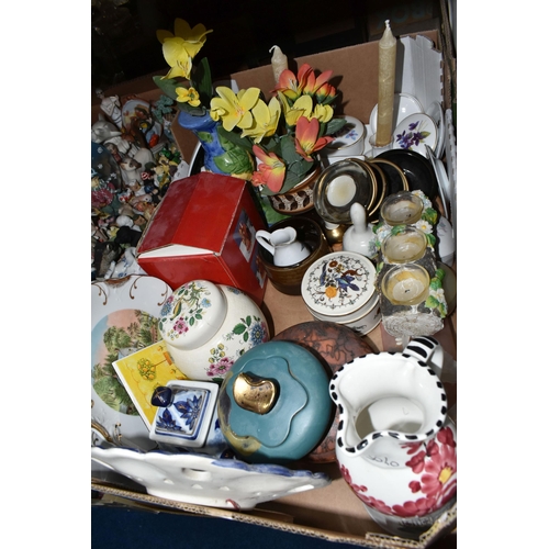 432 - EIGHT BOXES OF CERAMICS AND ORNAMENTS, to include four stone 'egg' ornaments, two vintage Hummel fig... 