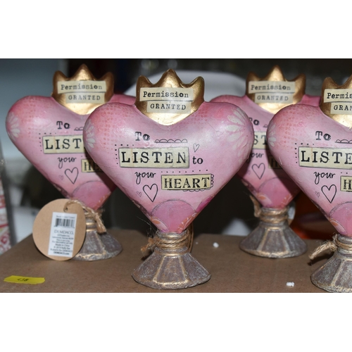 438 - A SELECTION HEART SHAPED ORNAMENTS AND MOTTO WALL PLAQUES, by Kelly Rae Roberts and others, comprisi... 