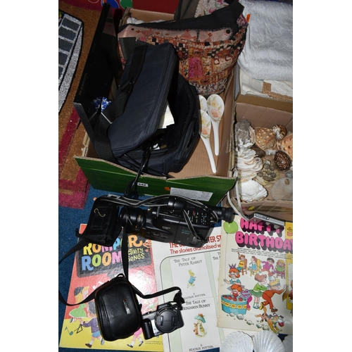 442 - THREE BOXES AND LOOSE ASSORTED SUNDRY ITEMS ETC, to include a Canon Canovision E60 8mm video camera,... 