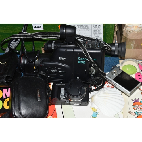 442 - THREE BOXES AND LOOSE ASSORTED SUNDRY ITEMS ETC, to include a Canon Canovision E60 8mm video camera,... 