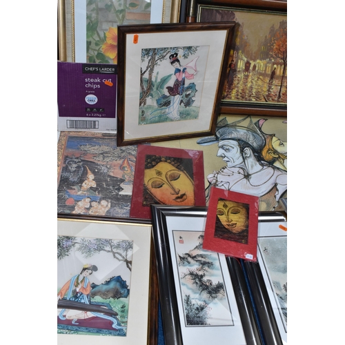 444 - A BOX OF DECORATIVE PICTURES AND PRINTS ETC, to include two Chinese paintings on silk depicting a fe... 