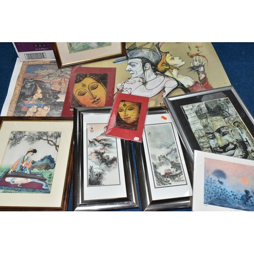 444 - A BOX OF DECORATIVE PICTURES AND PRINTS ETC, to include two Chinese paintings on silk depicting a fe... 