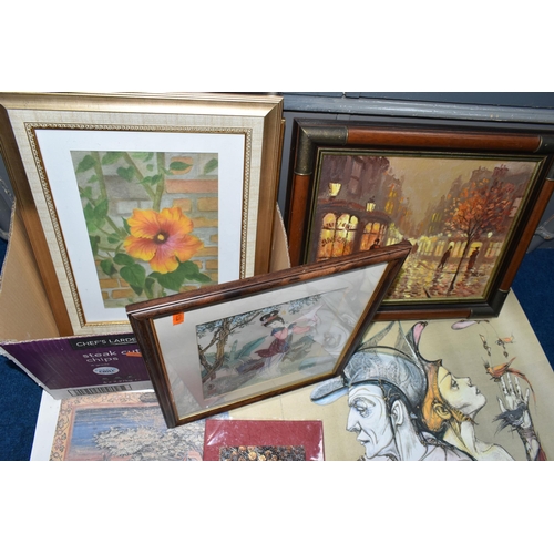 444 - A BOX OF DECORATIVE PICTURES AND PRINTS ETC, to include two Chinese paintings on silk depicting a fe... 