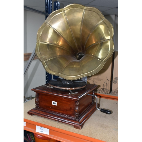 445 - A HMV 20TH CENTURY GRAMOPHONE, fitted with a His Masters Voice sound box, together with a brass horn... 