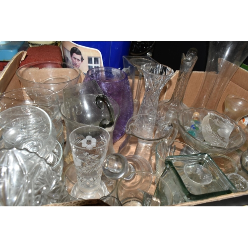 450 - FIVE BOXES AND LOOSE ASSORTED GLASSWARES ETC, to include art deco dressing table items, Royal Brierl... 