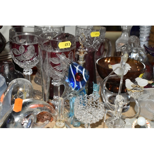 453 - A COLLECTION OF COLOURED GLASSWARE, comprising vintage German two tankards and two hexagonal stemmed... 