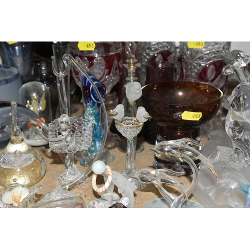 453 - A COLLECTION OF COLOURED GLASSWARE, comprising vintage German two tankards and two hexagonal stemmed... 