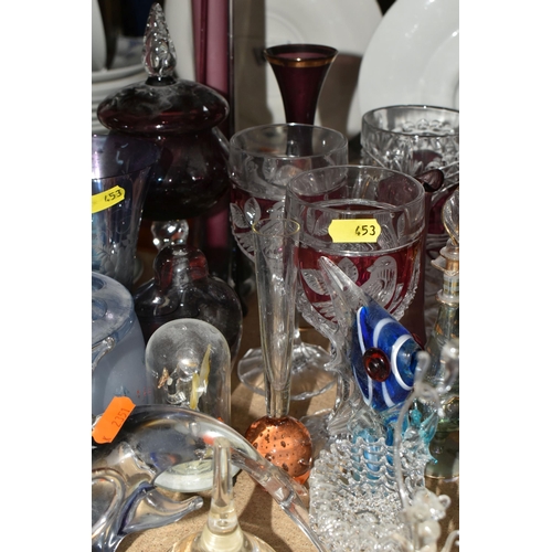 453 - A COLLECTION OF COLOURED GLASSWARE, comprising vintage German two tankards and two hexagonal stemmed... 