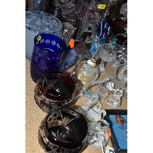 453 - A COLLECTION OF COLOURED GLASSWARE, comprising vintage German two tankards and two hexagonal stemmed... 