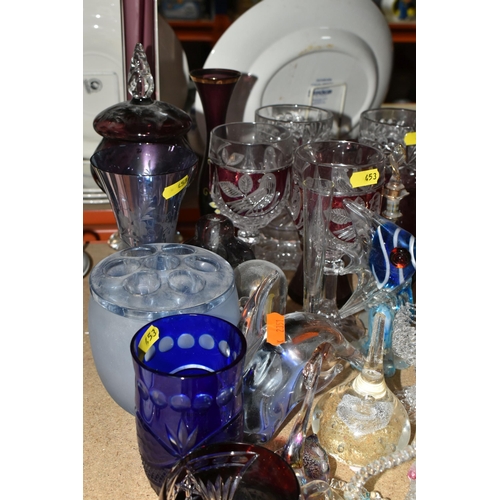 453 - A COLLECTION OF COLOURED GLASSWARE, comprising vintage German two tankards and two hexagonal stemmed... 