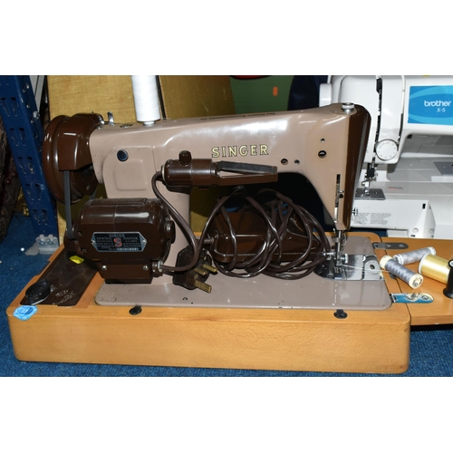 459 - THREE SEWING MACHINES AND SEWING/HABERDASHERY ITEMS, to include a vintage electric Singer sewing mac... 