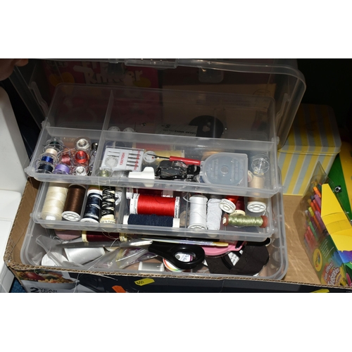 459 - THREE SEWING MACHINES AND SEWING/HABERDASHERY ITEMS, to include a vintage electric Singer sewing mac... 