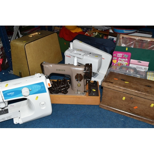 459 - THREE SEWING MACHINES AND SEWING/HABERDASHERY ITEMS, to include a vintage electric Singer sewing mac... 