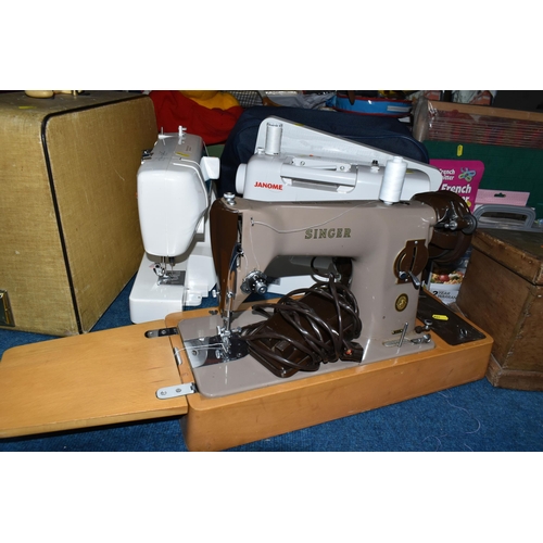 459 - THREE SEWING MACHINES AND SEWING/HABERDASHERY ITEMS, to include a vintage electric Singer sewing mac... 