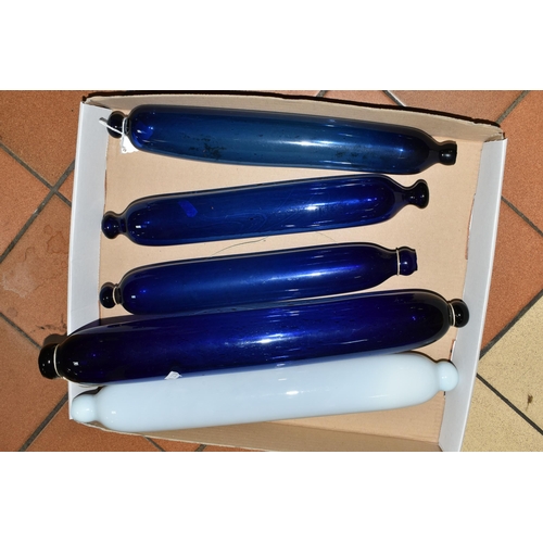 465 - A BOX OF GLASS ROLLING PINS, mainly nineteenth century Bristol Blue glass examples, one showing the ... 