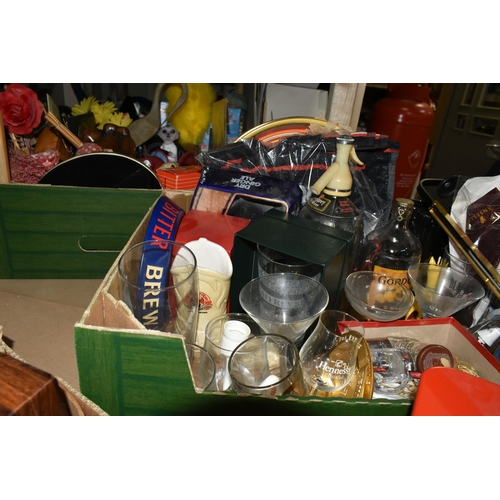 473 - THREE BOXES AND LOOSE SUNDRY ITEMS, to include a box of breweriana items- Davenports and Romanoff Vo... 