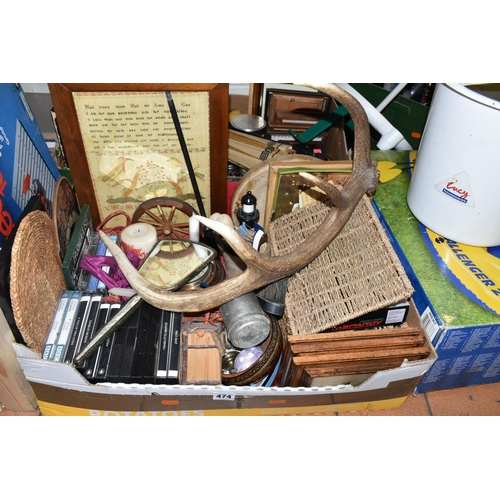 474 - SEVEN BOXES AND LOOSE ASSORTED SUNDRY ITEMS ETC, to include a Vigo Pulpmaster, Intex Challenger II i... 