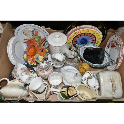 479 - FOUR BOXES OF CERAMICS, dinnerware, tea cups, teapots, ornaments, two Thorntons Chocolate money bank... 