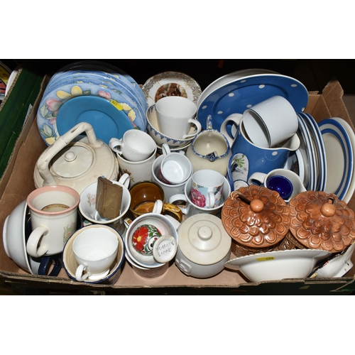 479 - FOUR BOXES OF CERAMICS, dinnerware, tea cups, teapots, ornaments, two Thorntons Chocolate money bank... 