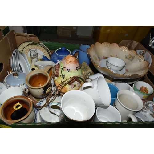 479 - FOUR BOXES OF CERAMICS, dinnerware, tea cups, teapots, ornaments, two Thorntons Chocolate money bank... 