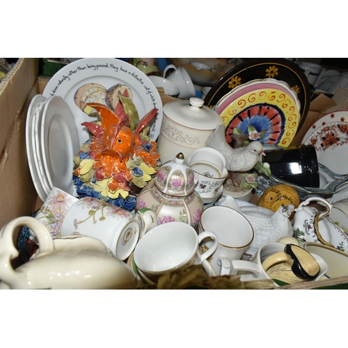 479 - FOUR BOXES OF CERAMICS, dinnerware, tea cups, teapots, ornaments, two Thorntons Chocolate money bank... 