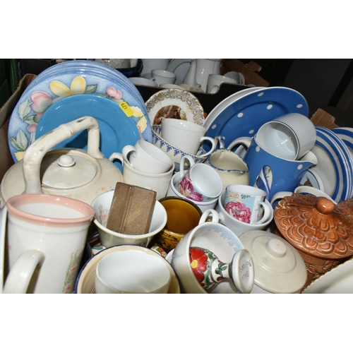 479 - FOUR BOXES OF CERAMICS, dinnerware, tea cups, teapots, ornaments, two Thorntons Chocolate money bank... 