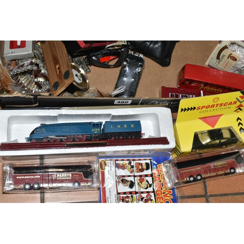 480 - THREE BOXES OF MISCELLANEOUS SUNDRIES, to include a boxed A4 Class 'Mallard' train engine, a set of ... 